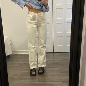 High waisted wide leg white jeans.